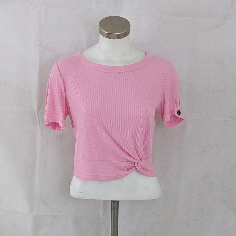 Pink Crop Ribbed Knit Scoop Neck w. Twist Hem Top Size S NWOT